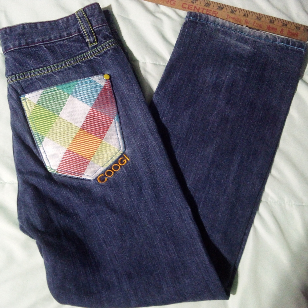 VTG- COOGI Men's Straight Leg Blue Jeans w/ Colorful Embroidered Pocket 34"×30"